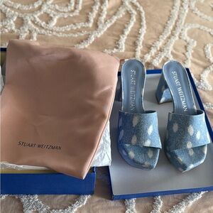 Stuart Weitzman Blue Patterned Denim Slide Mules